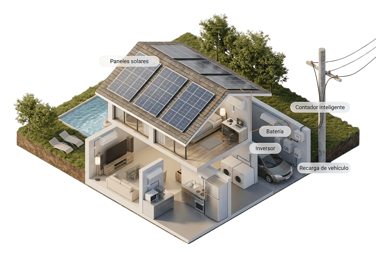 Esquema interactivo instalación solar fotovoltaica — paneles, inversor, batería, contador y recarga vehículo eléctrico — Gestaner Murcia